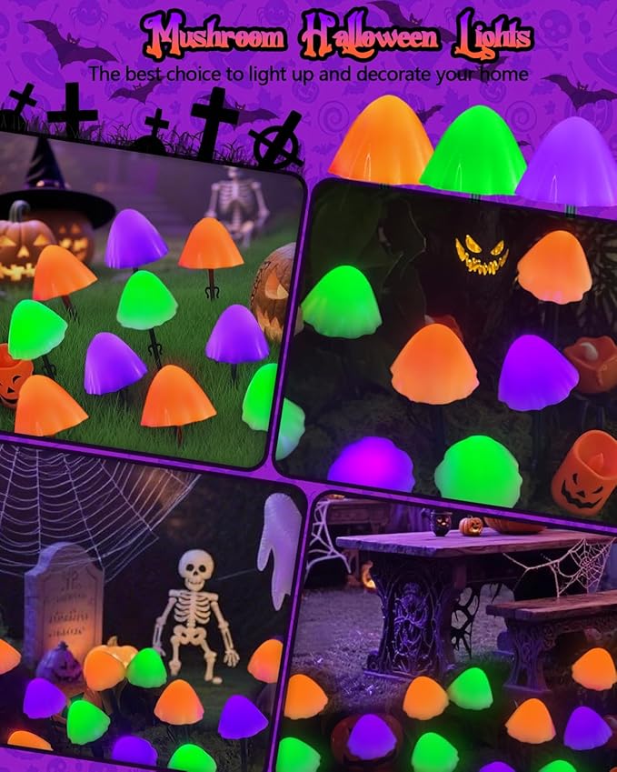 OZS 2PK 55FT 32LED Halloween Orange Purple and Green Solar Mushroom Lights Outdoor, Solar String Light with 8 Lighting Modes Auto On/Off, Halloween Garden Lights for Witch Decorations