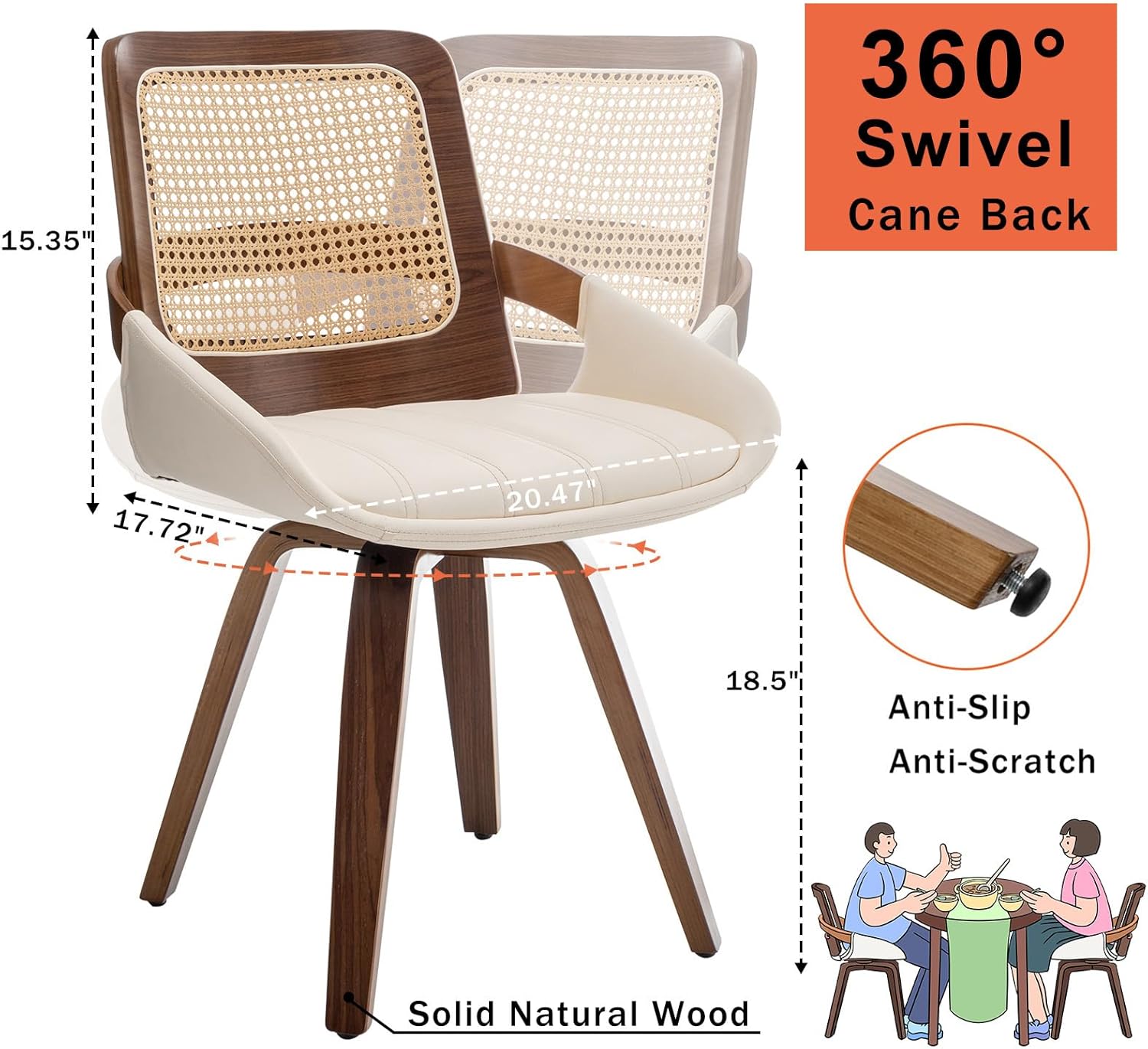 Set of 2 Swivel Dining Chairs - Kitchen Swivel Chairs with Bentwood Frame with Ergonomic Rattan Back, Curved Arms, Walnut Dining Chairs for Kitchen/Conference/Restaurant/Living Room (Walnut Beige)