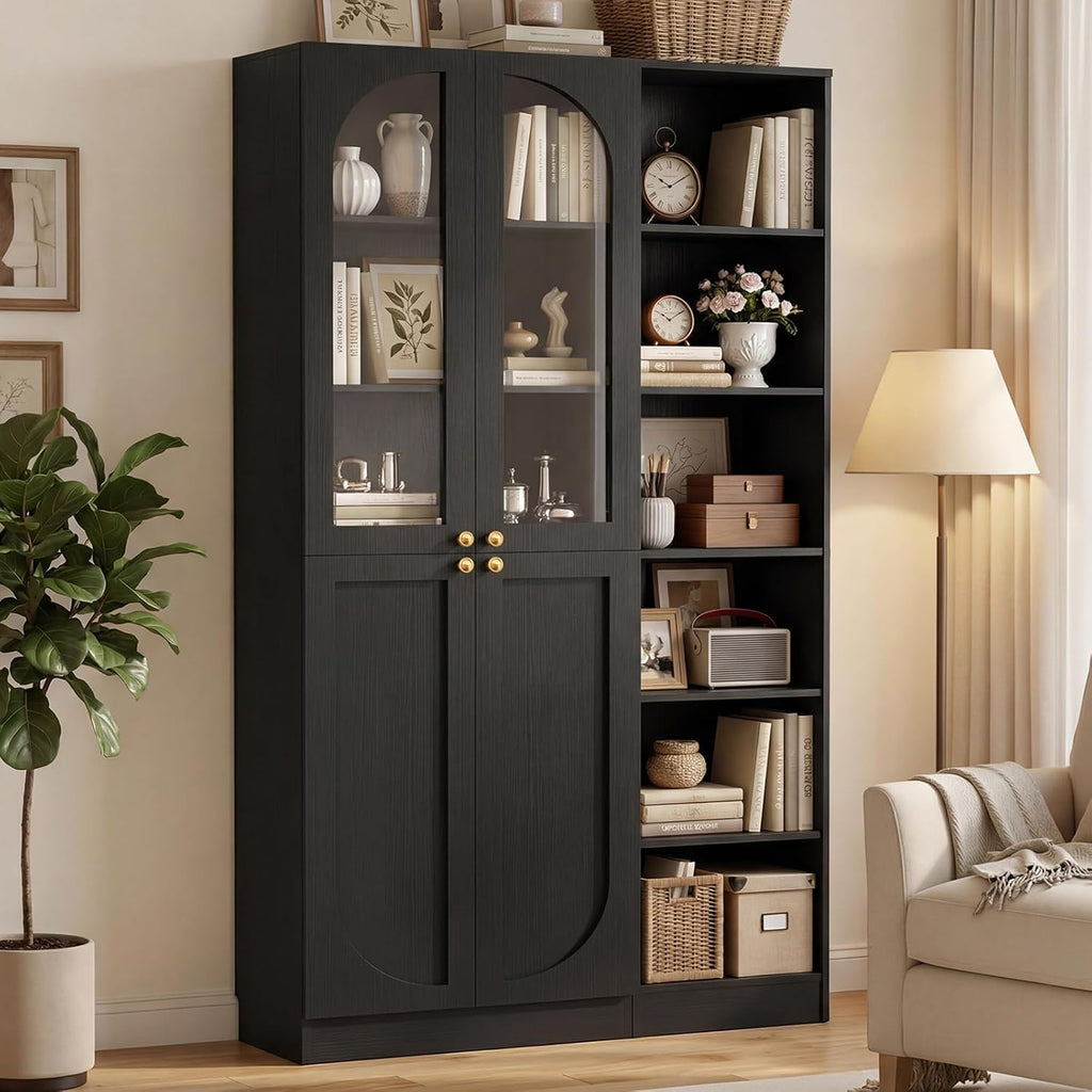 Cyclysio 80" Tall Pantry System with Tempered Glass Doors, Arched Pantries with 6-Tier Open Shelves, Wooden Cupboard Storage Organizer with Baseboard Cutout for Living Room