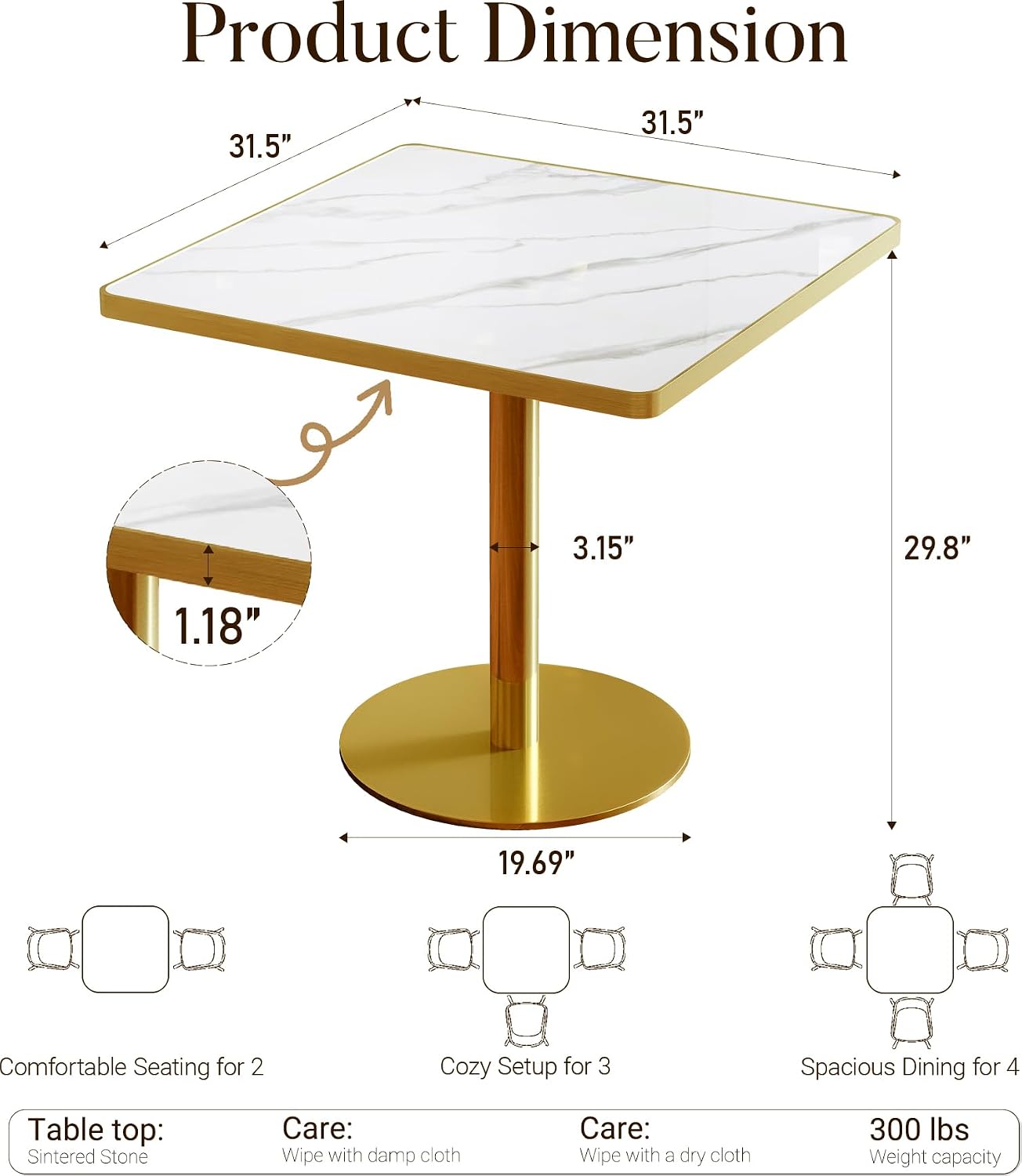 31.5" Square Dining Table, Square Restaurant Table with 1.2" Thick Sintered Stone Tabletop and Golden Metal Pedestal Base, Bistro Table for Diner, Bar, kitchen, Bakery, Apartment (Marble White)