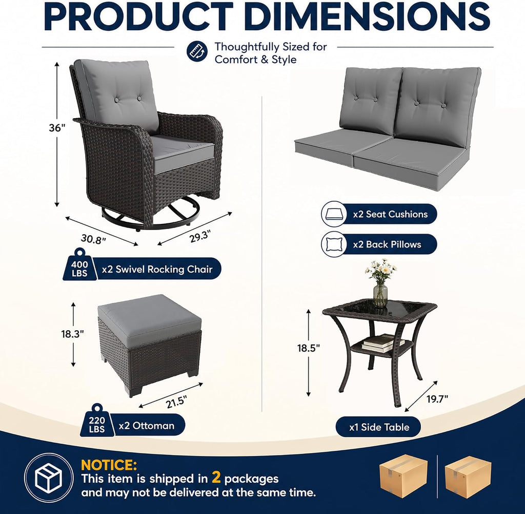 Gotland Outdoor Swivel Chairs Set of 2, 5 Pieces Patio Furniture Set with Ottomans Rattan Coffee Table Thick Cushion, Outdoor Swivel Rocker Wicker Patio Bistro Set for Balcony Porch, Grey