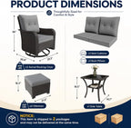 Gotland Outdoor Swivel Chairs Set of 2, 5 Pieces Patio Furniture Set with Ottomans Rattan Coffee Table Thick Cushion, Outdoor Swivel Rocker Wicker Patio Bistro Set for Balcony Porch, Grey