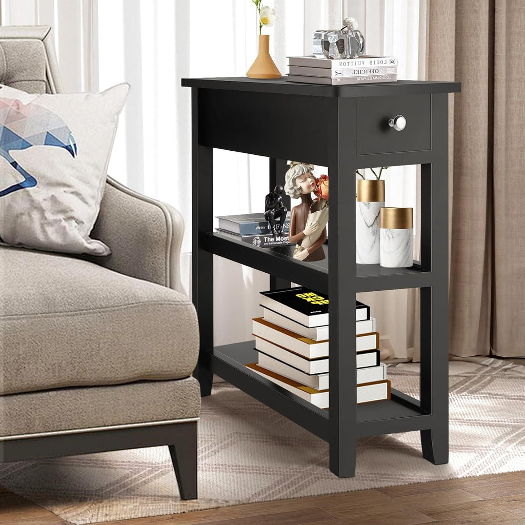 End Tables Living Room Set of 2, 3-Tier Narrow Sofa Side Table with Drawer and 2 Shelf, Small Nightstand for Bedroom, Living Room, Black