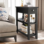 End Tables Living Room Set of 2, 3-Tier Narrow Sofa Side Table with Drawer and 2 Shelf, Small Nightstand for Bedroom, Living Room, Black