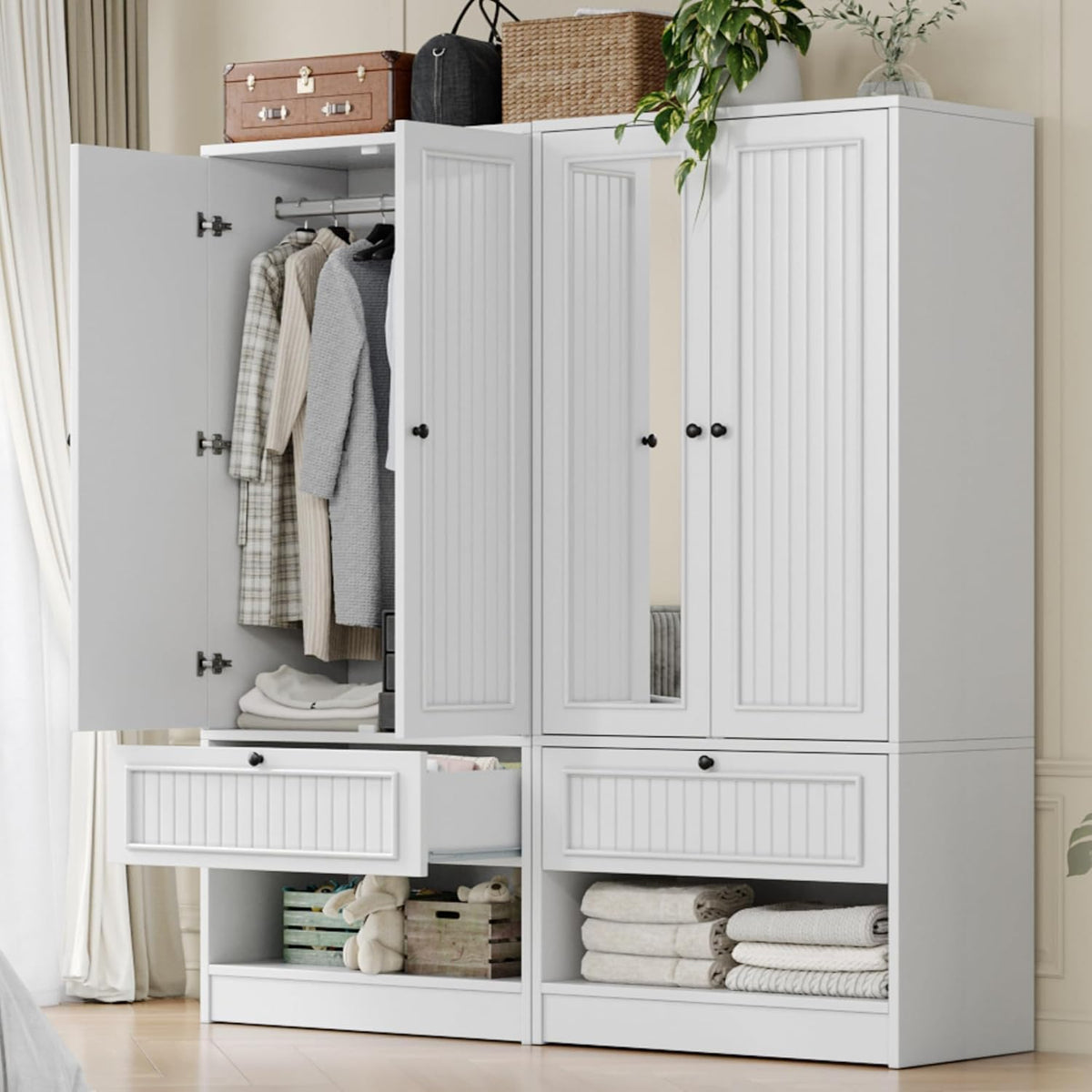 iPormis Wood Armoire Wardrobe Closet with Mirror Door and Drawer, 2 Doors Bedroom Storage Cabinet for Hanging Clothes, White