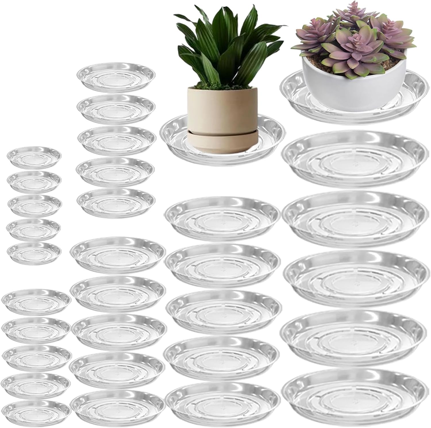 30 Packs Clear Plant Saucers for Indoor Outdoor Use 4/6/8/10/12/14 Inches Heavy Duty Plastic Plant Trays for Planter Bulk Flower Pot Drip Trays to Catch Water, Round Transparent