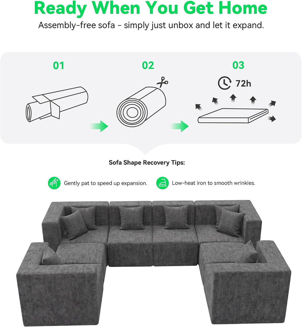 MONVANE Oversized Sectional Couch 08-Seat, Chenille, Gray | Sectional Couch for Living Room, Modular Cloud Sofa with Ottoman & 8 Throw Pillows, No Assembly Required