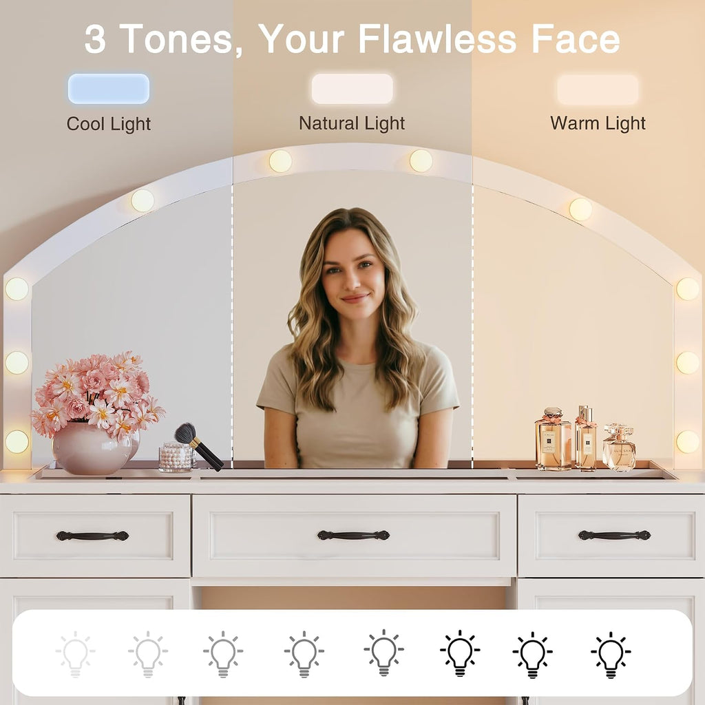 Vanity Table with Mirror and Lights, 55" Large LED Makeup Mirror with 3 Color Modes, Modern Dressing Table with Drawers and Cabinets, HD Glass Top Beauty Desk for Bedroom, Gift for Women
