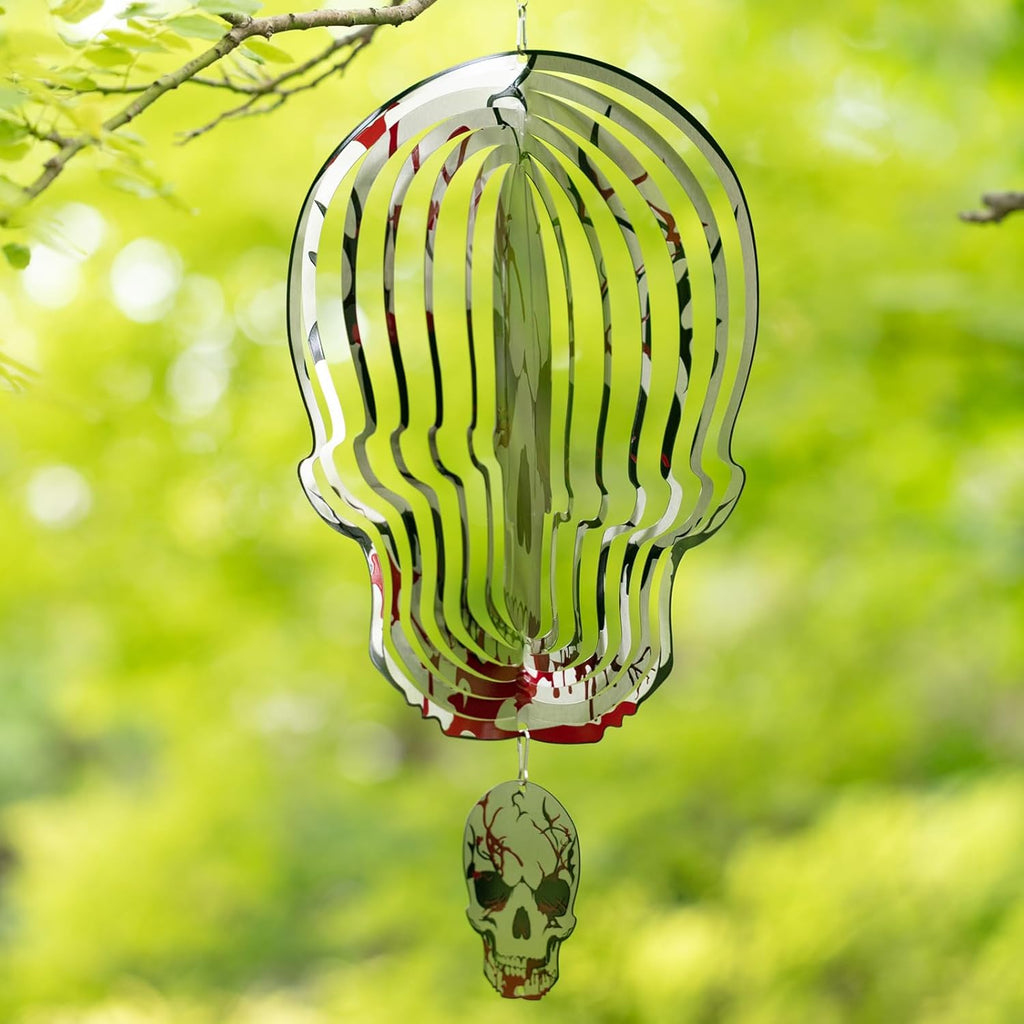 Skull Wind Spinner Halloween Decor 12inch Stainless Steel Garden Wind Spinner Outdoor 3D Kinetic Hanging Wind Sculptures Metal Yard Art Unique Gift Home Decorations