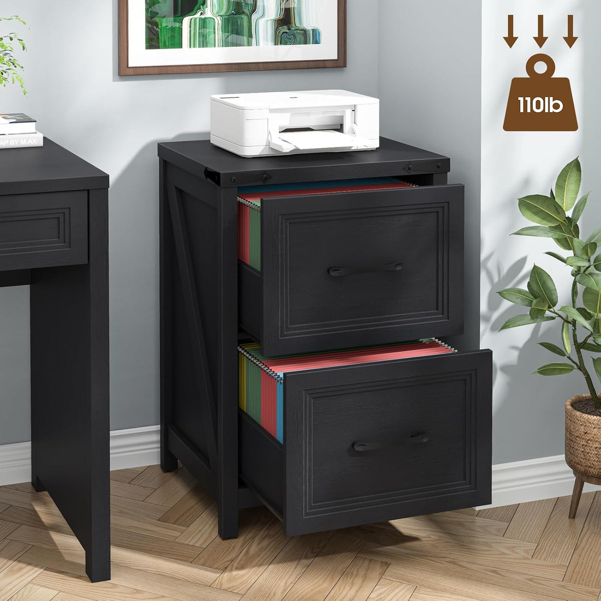 Vabches 2 Drawer Vertical File Cabinet, Wood Farmhouse Cabinet, Black | Filing Cabinet Fits A4/Letter Size, Under Desk Small File Cabinets Printer Stand with Storage for Home Office