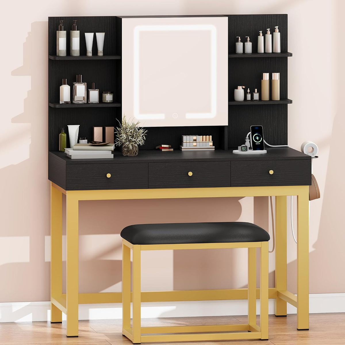 YITAHOME Vanity Desk Set with Mirror and Lights & Power Outlets | Makeup Table with 3 Adjustable Lighting Modes, Open Shelves and Hidden Storage