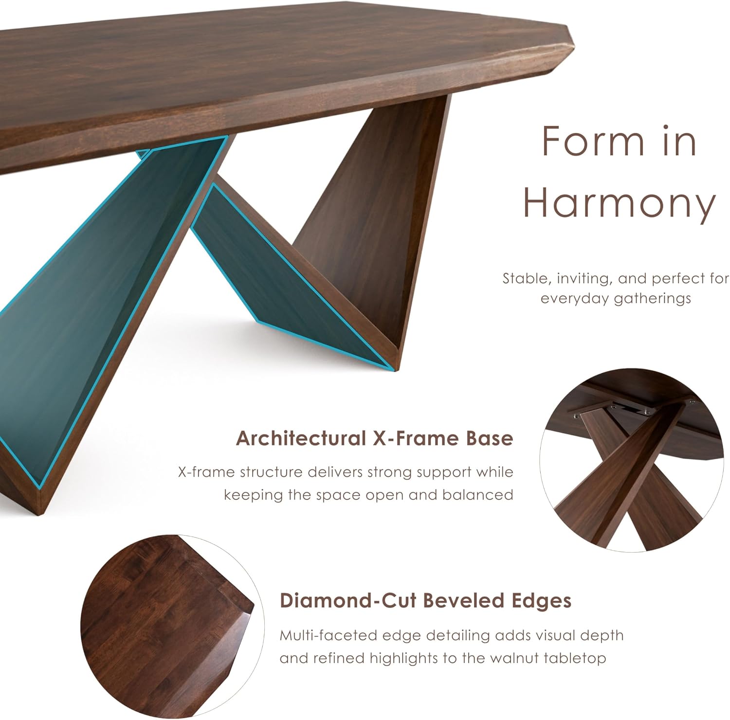 Furniture of America Nazaen III 82.5" Mid-Century Modern Solid Wood Live Edge Dining Table with Steel Support, Walnut Finish, Seats 4–6