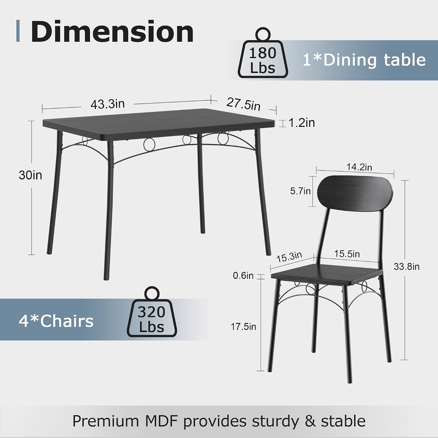 VECELO Dining Table Set for 4, 5-Piece Kitchen Table with 4 Chairs, MDF Board Tabletop with Metal Frame for Small Space, Compact Dinette, Breakfast Nook, Matte Black