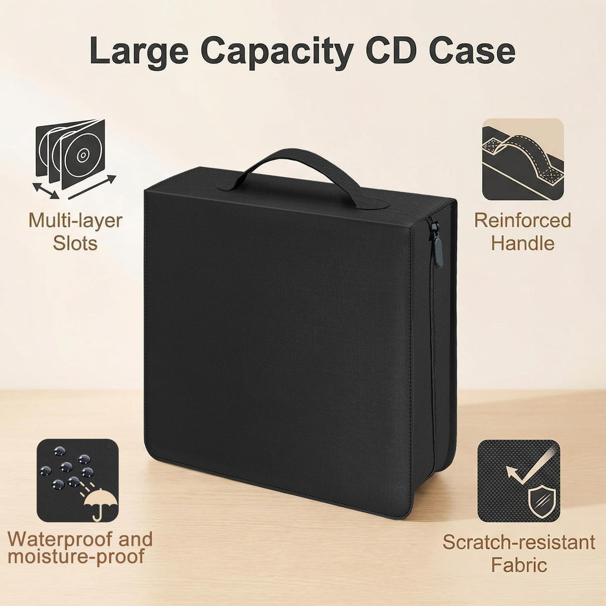 CD DVD Blu-ray Storage Binder with Handles, PU Leather Corver | Holds 200 Discs + 100 Booklet Pockets, for DVD/Blu-ray/Music CDs/Audio Disks, Portable Organizer