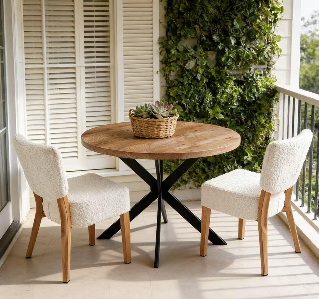 3-Piece Round Table & Chair Set, Space Saving Kitchen Breakfast Nook Walnut Wood Grain Tabletop with Metal Frame and 2 Stackable Dining Chairs for Kitchen, Dining Room, White