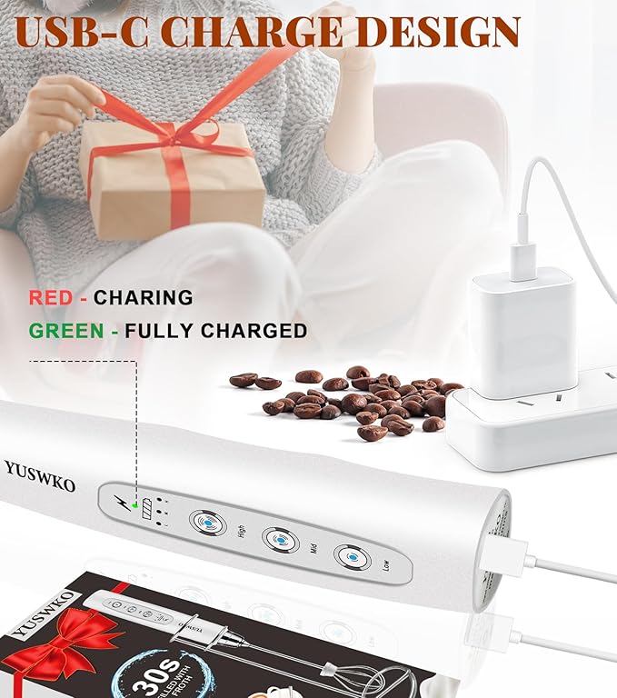 YUSWKO Milk Frother Handheld for Coffee with Stand, Rechargeable Drink Mixer with 3 Heads 3 Speeds Electric Coffee Frother Whisk, Gift for Many Occasions and Festival