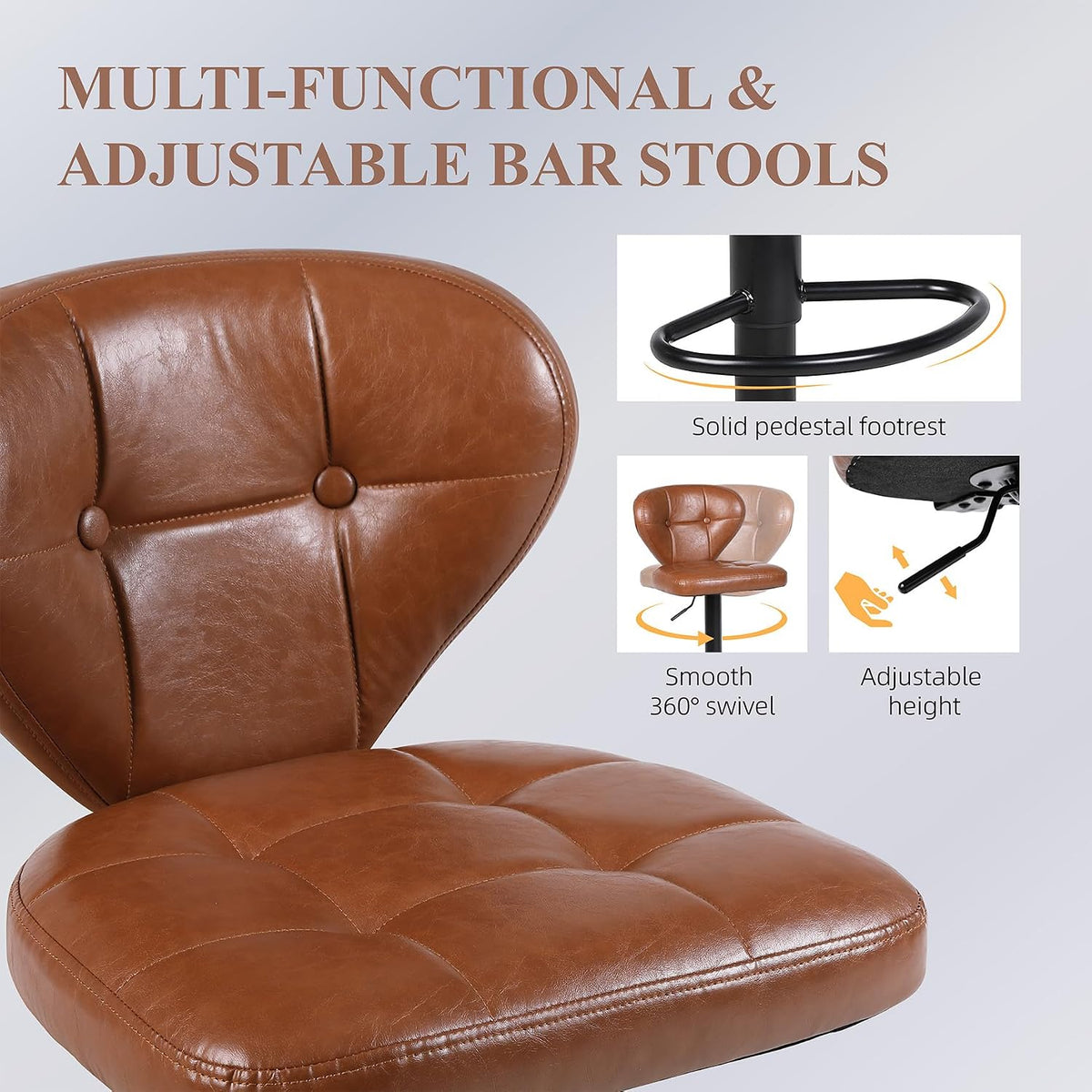 Bar Stools Set of 3 - Swivel Counter Height Barstools (Height Adjustable) | Modern Faux Leather Barstool/Chairs with High Backrest, 16.14" Large Base, Suitable for Kitchen Island, Dining Room (Brown)
