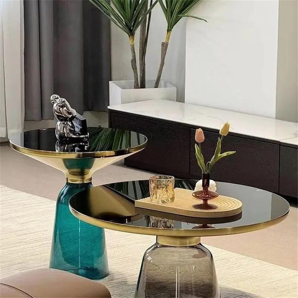 Small Glass Side Table for Living Room – Modern Round End Table with Hand-Blown Glass Base, Tempered Glass Top, Carbon Steel Frame – Accent Table for Bedroom Sofa Couch
