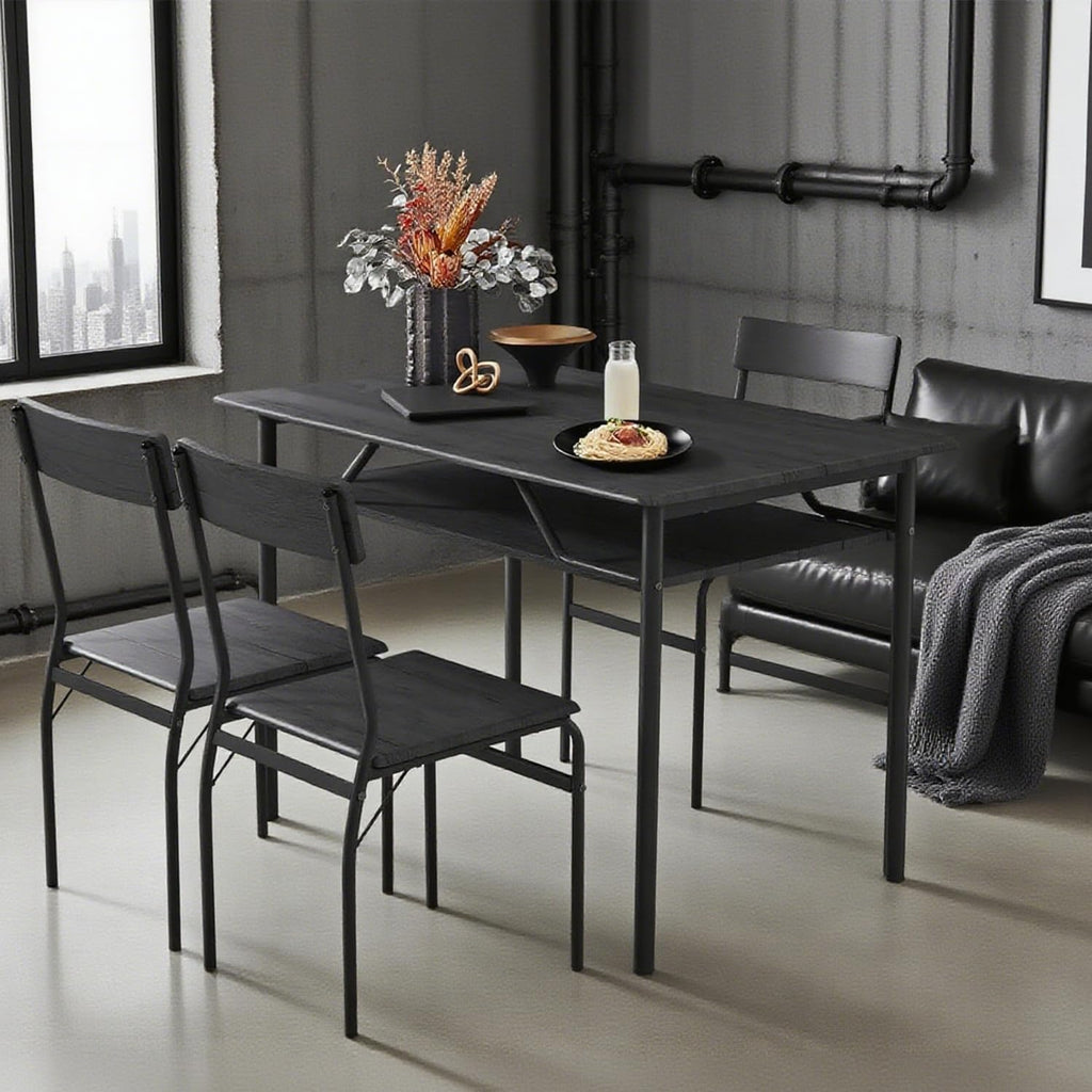 ECOTOUGE Dining Table Set for 4, Wood Kitchen Table and Chairs with Storage Shelves & Metal Frame, Compact Mid-Century Modern Rectangle Dinner Table Sets for Small Space, Apartment, Black