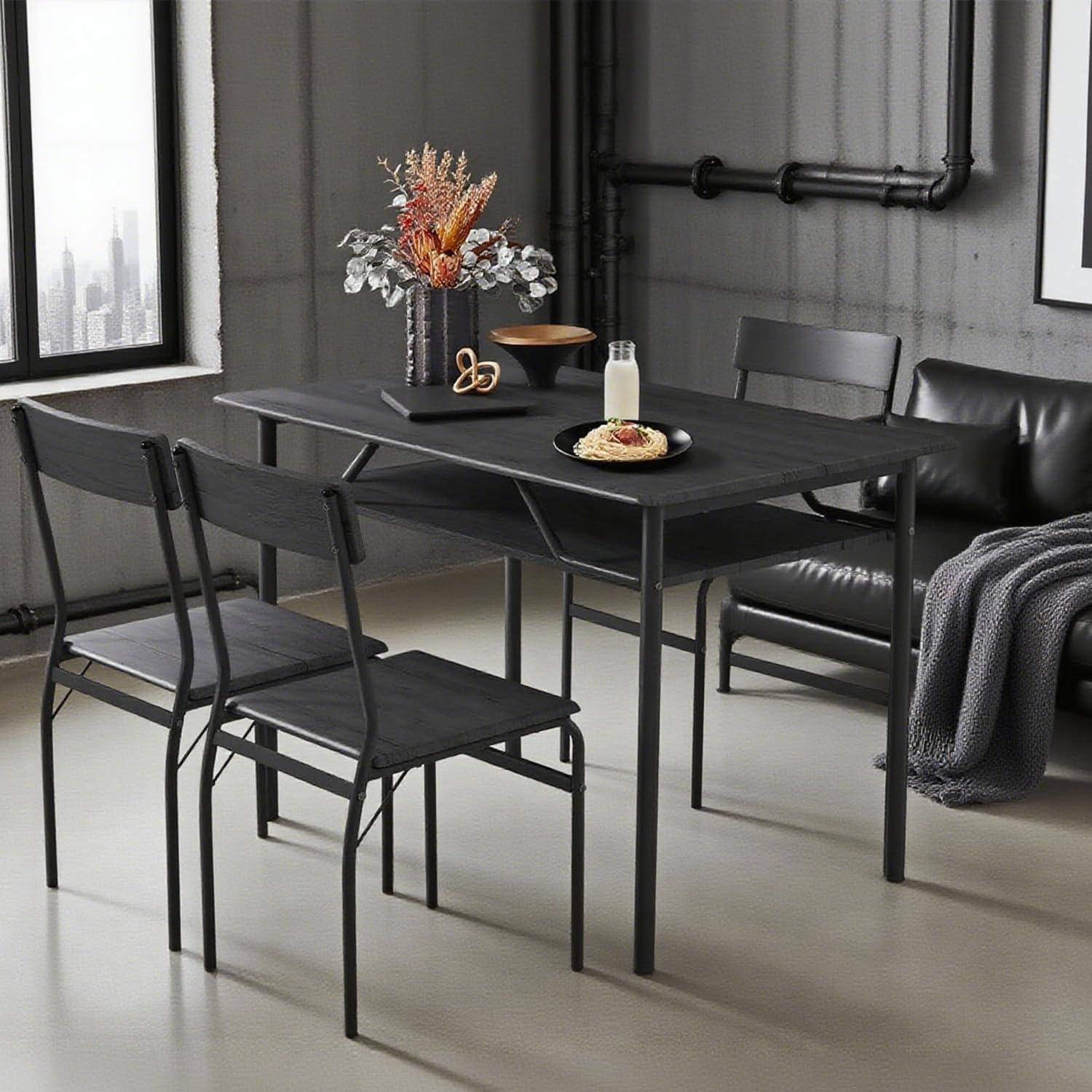 ECOTOUGE Dining Table Set for 4, Wood Kitchen Table and Chairs with Storage Shelves & Metal Frame, Compact Mid-Century Modern Rectangle Dinner Table Sets for Small Space, Apartment, Black