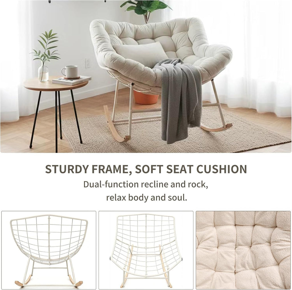 Oversized Papasan Rocking Chair with Thickened Cushion, Heavy-Duty Cozy Egg Chair, Large Comfy Lounge Chair for Reading, Relaxing & Bedroom Living Room, White