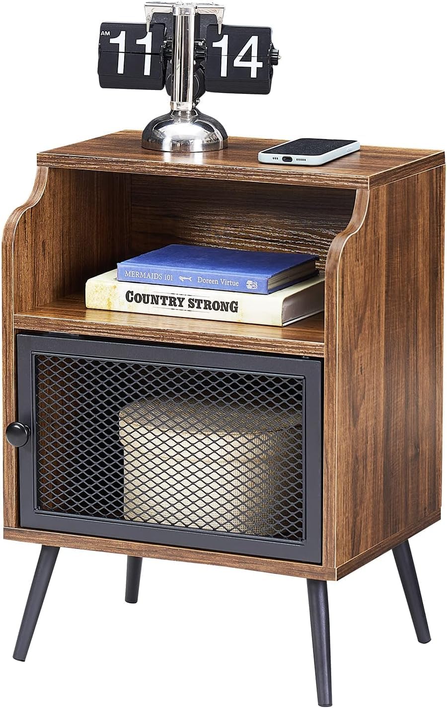 VECELO Modern Nightstand Set of 1, End Table with Storage Cabinet, Industrial Night Stand with Open Drawer Shelf for Living Room, Bedroom, Brown