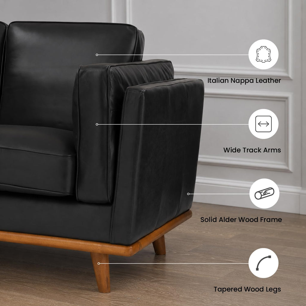 Valencia Artisan Full Leather Loveseat Sofa 66”| Pure Full Italian Nappa Leather Couch, Solid Wood Accent, Ultimate Comfort, Black