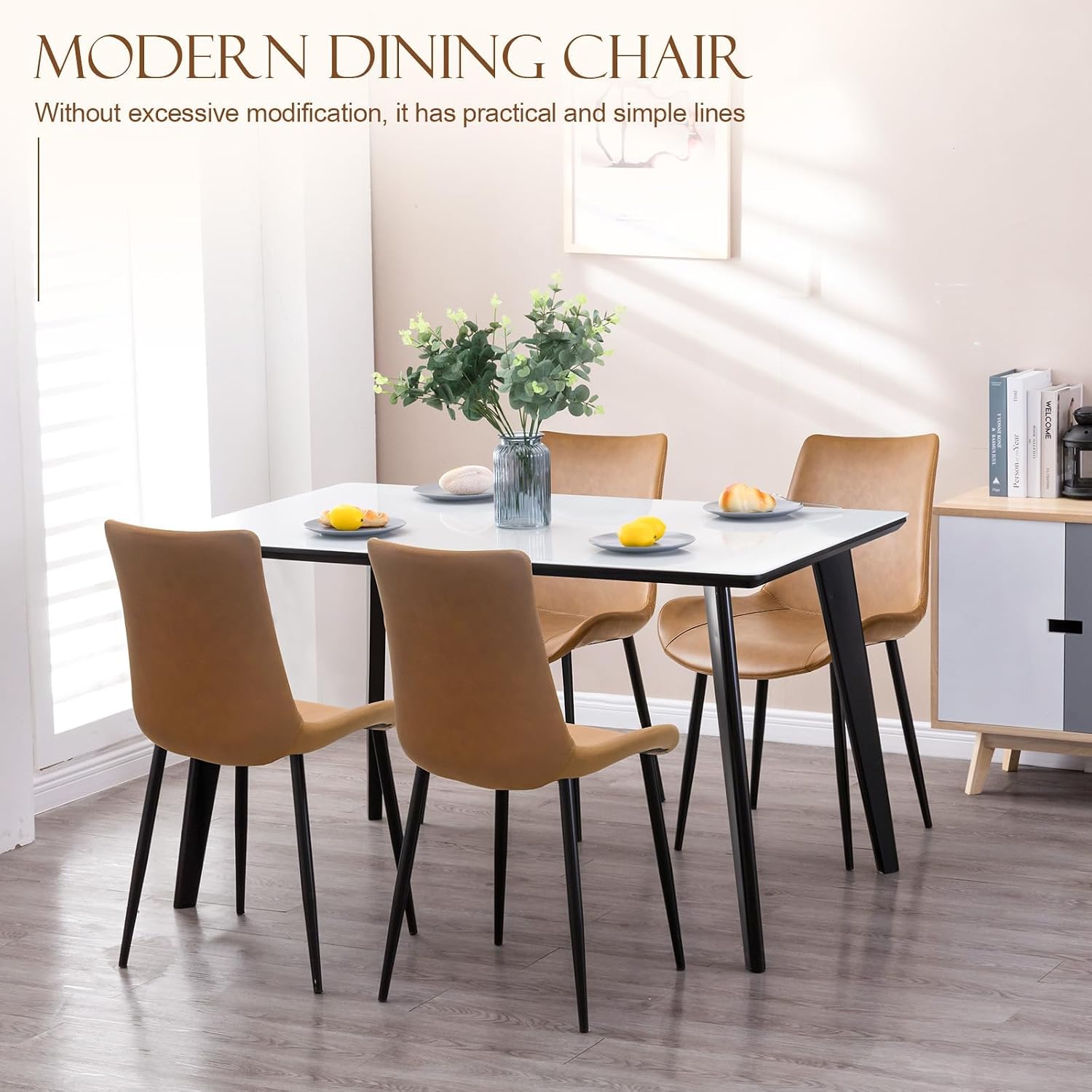 Dining Chairs Set of 2, Modern PU Leather Dining Room Chair with Sturdy Metal Legs, Upholstered Faux Leather Cushion Seat Dinner Chairs Accent Side Chairs for Indoor Kitchen Living Room,Brown