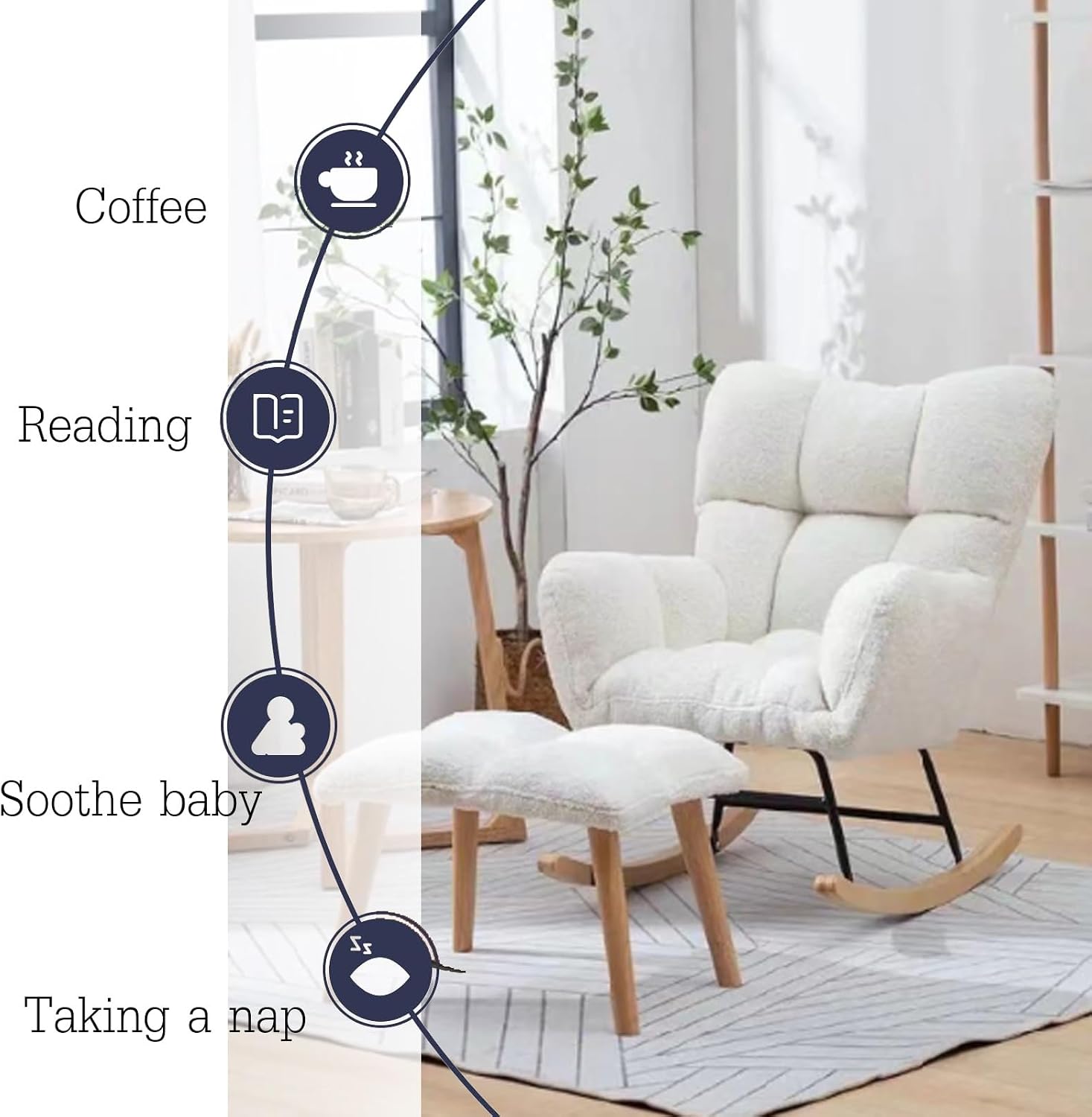 Modern Indoor Bedroom Rocking Chair with Cushion, Indoor Bedroom Upholstered Rocking Chair, Sofa Chair, Modern Lounge Chair for Balcony, for Balcony Living Room Bedroom,Emerging Green