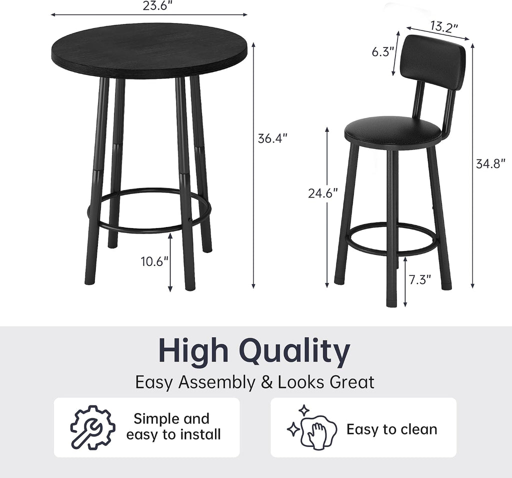 Recaceik 3‑Piece Pub Dining Set, Counter Height Modern Round Bar Table with Wood Top, Pub Table and Stools for 2, Easy Assemble Bistro Set for Breakfast Nook, Living Room, Small Space Restaurant