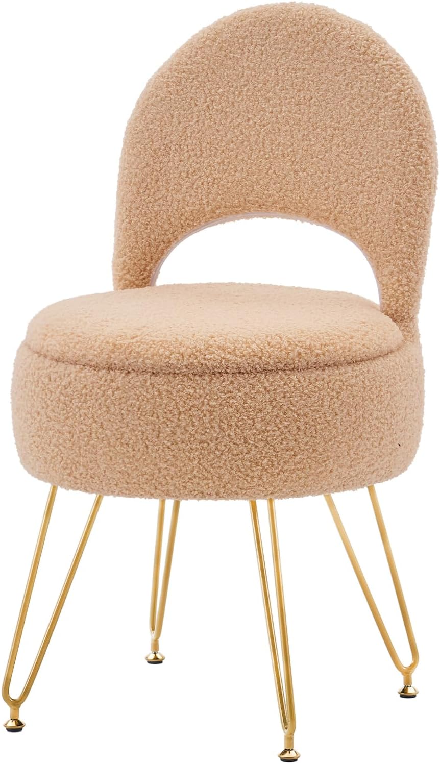 Vanity Stool Chair with Storage and Folding Back, Round Ottoman, Multifunctional Upholstered Makeup Chair, 4 Metal Legs with Anti-Slip Feet for Bedroom Living Room Entryway