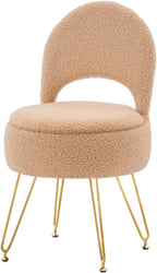 Vanity Stool Chair with Storage and Folding Back, Round Ottoman, Multifunctional Upholstered Makeup Chair, 4 Metal Legs with Anti-Slip Feet for Bedroom Living Room Entryway