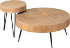 2-Piece Boho Farmhouse Nesting Table with Handcrafted Wood Ring Motif, Round Natural Finish Coffee Table Set for Living Room, French Country Decor, Round
