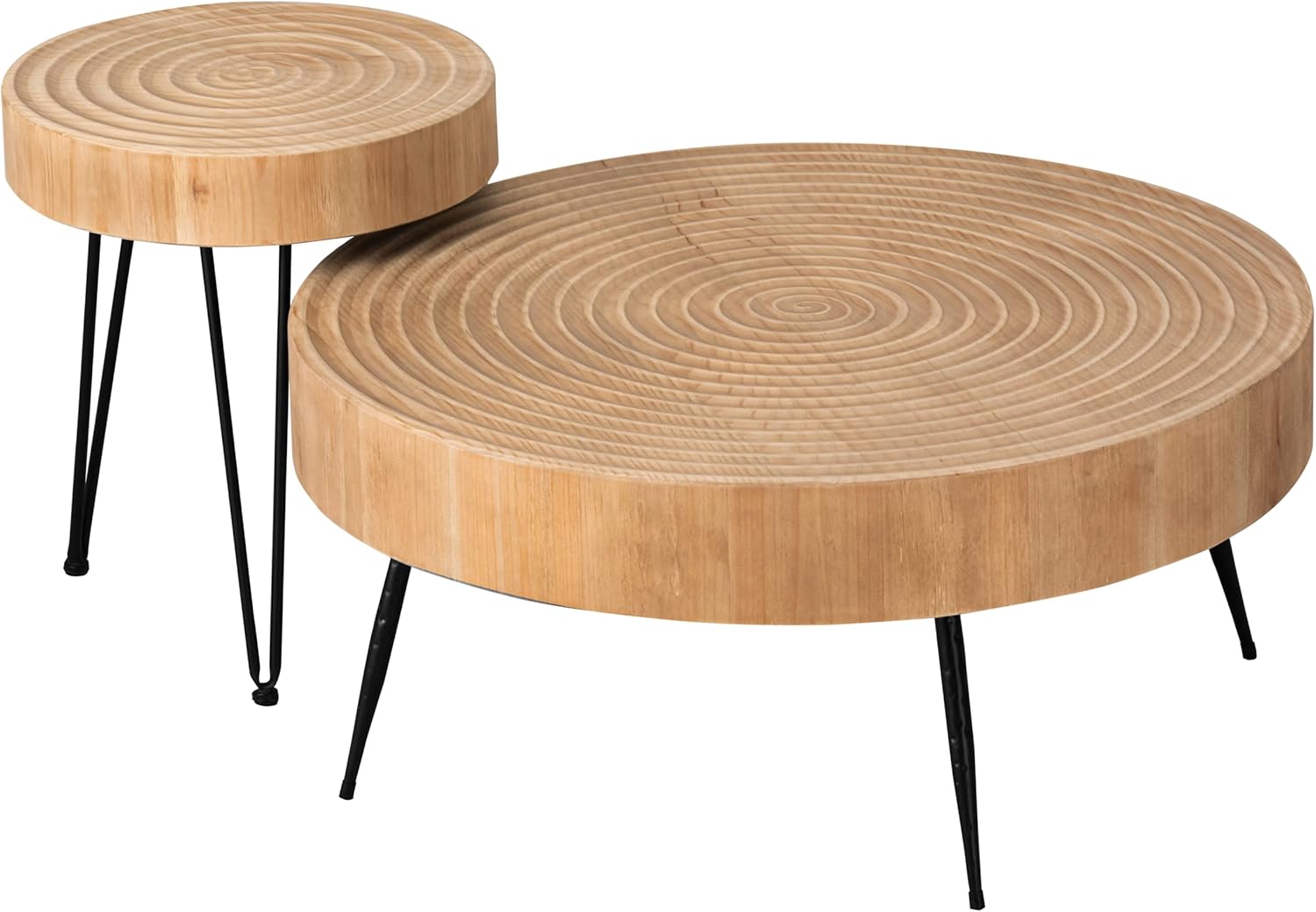 2-Piece Boho Farmhouse Nesting Table with Handcrafted Wood Ring Motif, Round Natural Finish Coffee Table Set for Living Room, French Country Decor, Round