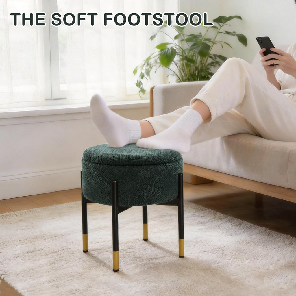 CAROLMADE Round Ottoman with Storage, Velvet Makeup Vanity Stool, Small Ottoman Foot Stool with Coffee Table and Metal Legs for Living Room, Bedroom and Dorm, Green