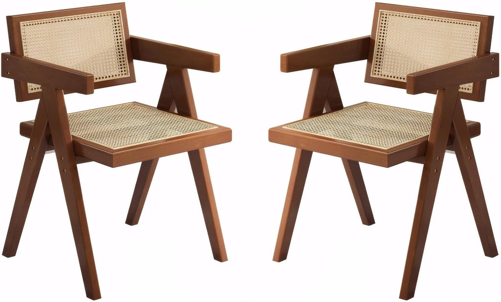 Mid Century Dining Chairs Set of 2, Rattan Accent Armchairs for Living Room, Kitchen, Patio, Brown Wooden Chairs