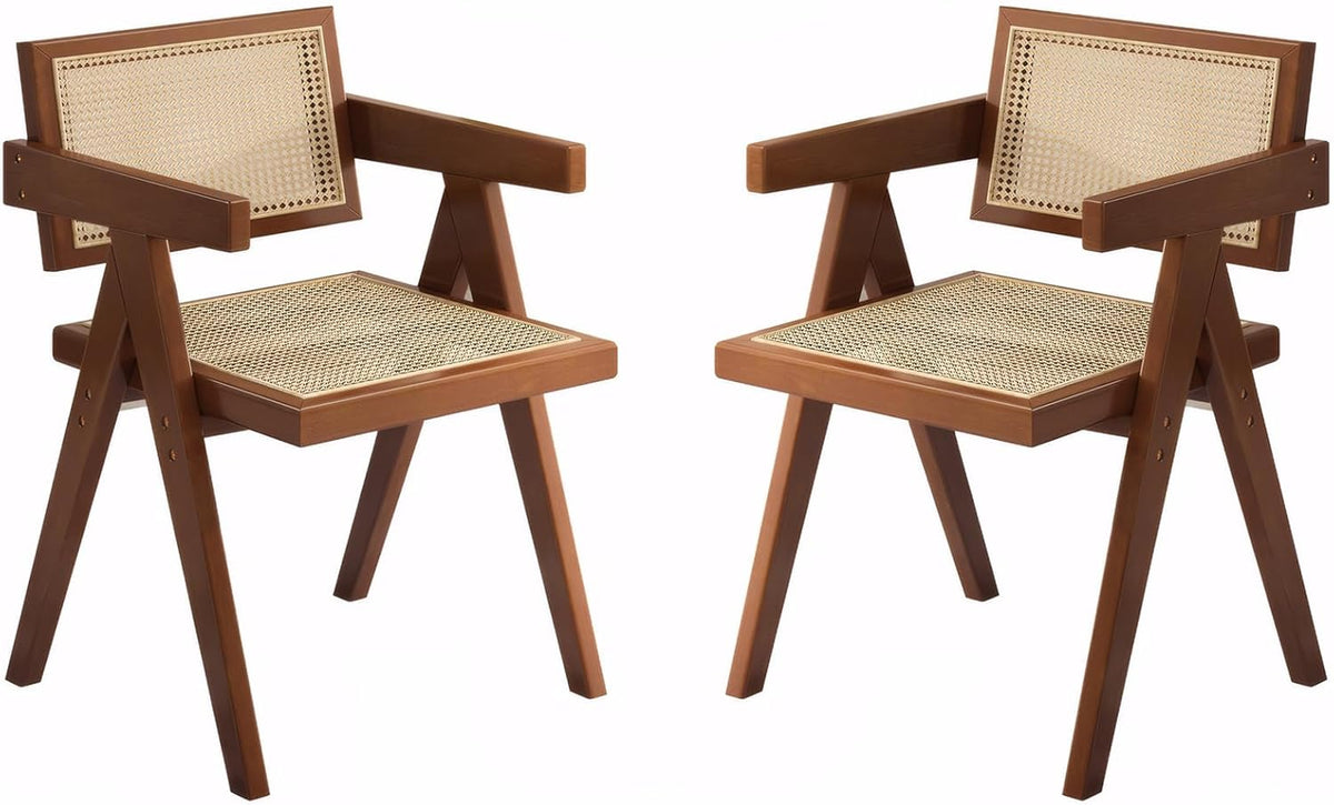 Mid Century Dining Chairs Set of 2, Rattan Accent Armchairs for Living Room, Kitchen, Patio, Brown Wooden Chairs
