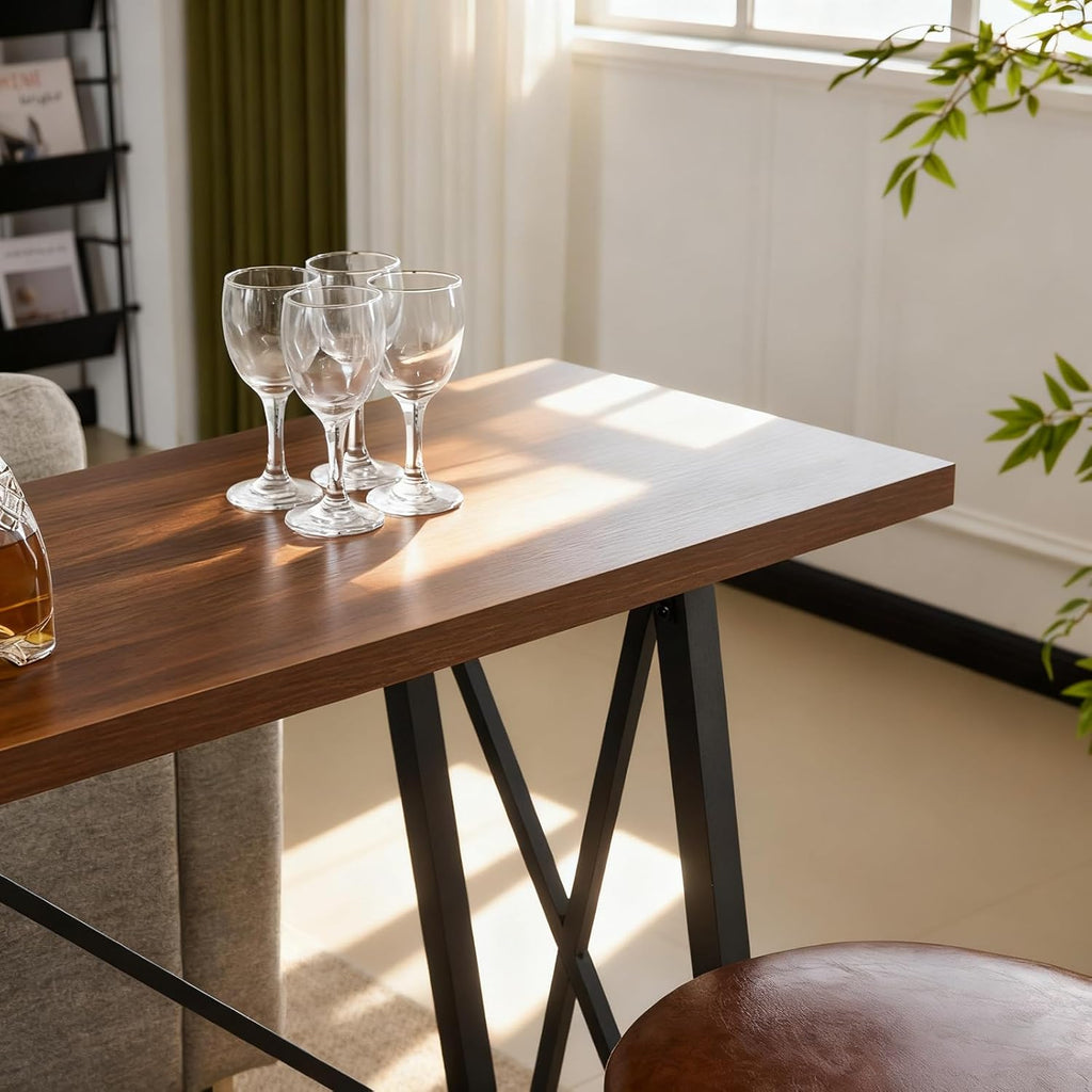 Karl home 83.8" Bar Table and Chairs Set, Sofa Table with 4 PU Stools, High Top Counter Height Table with Chairs for Kitchen Breakfast, Bistro, Dining Room, Living Room, Brown