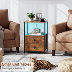 LOAKEKEL Nightstands Set of 2, LED Night Stand with Charging Station | Bedside Table with Type-C Outlets & 2 Fabric Drawers, End Tables with Storage Shelf for Bedroom, Small Spaces, Brown