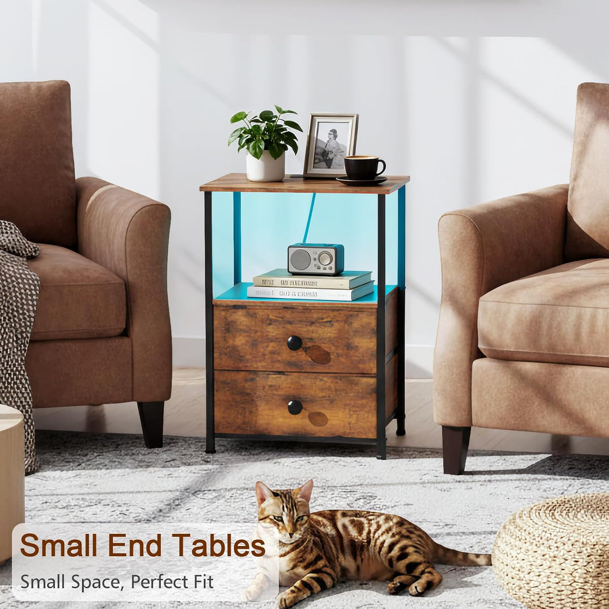 LOAKEKEL Nightstands Set of 2, LED Night Stand with Charging Station | Bedside Table with Type-C Outlets & 2 Fabric Drawers, End Tables with Storage Shelf for Bedroom, Small Spaces, Brown