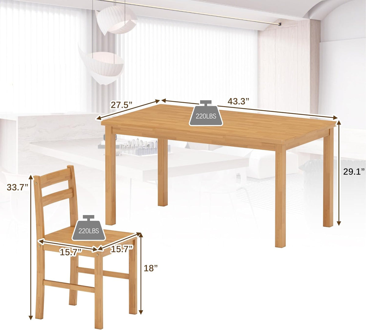 43.3 inch Solid Wood Indoor Modern Rectangular Dining Table Set for 4, Table and 4 Solid Wood Dining Chairs for Kitchen, Bar, Living Room, Breakfast Nook, Natural