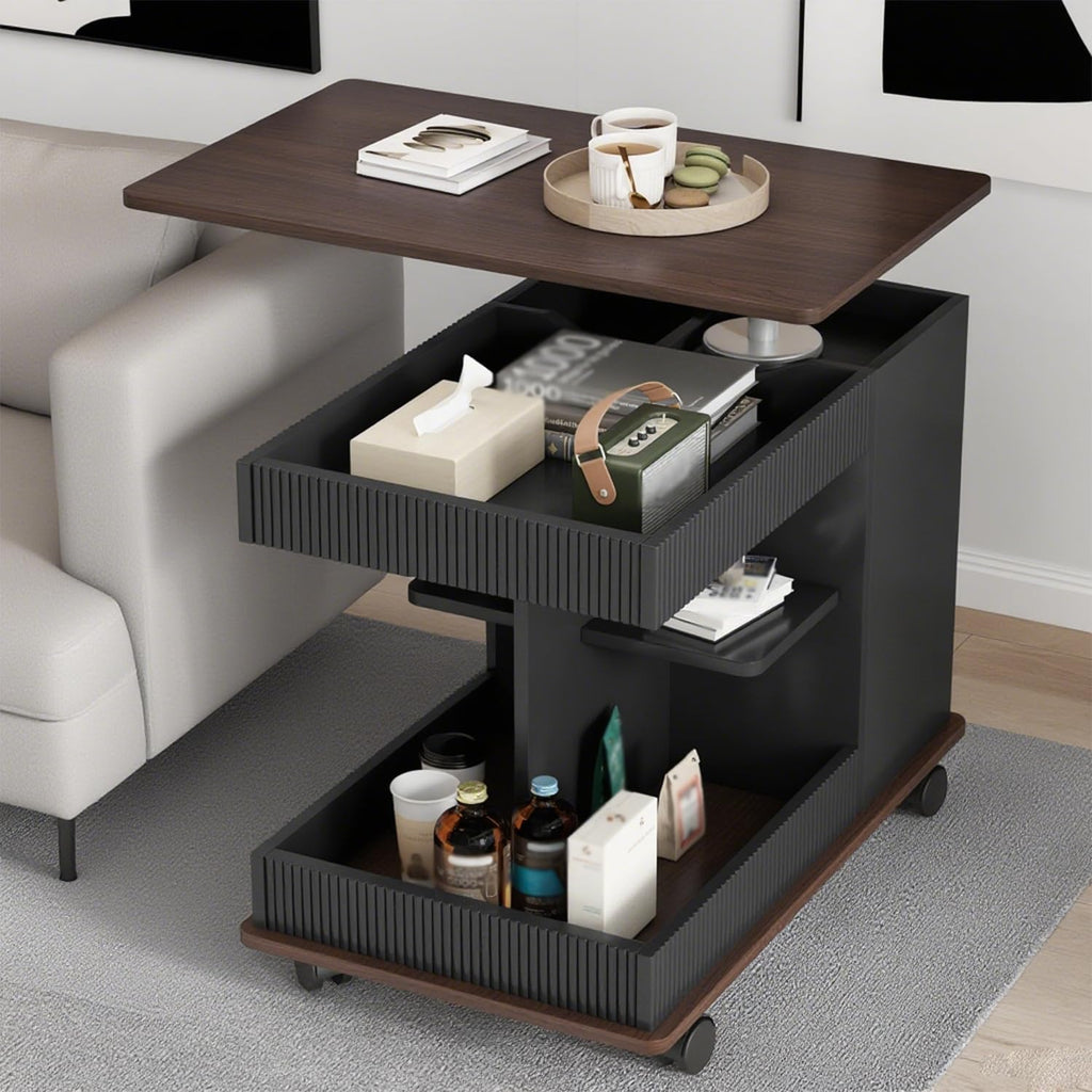 Lift Top End Table with Wheels, Rotating Sofa Side Table, 360°Rotating Top & Storage Space for Living Room, Bedroom, Small Space (Black+Brown)