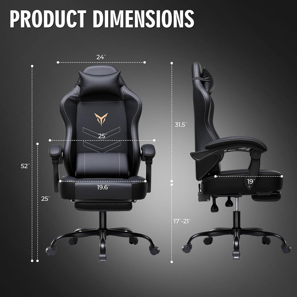 GTPLAYER Gaming Chair, Office Chair High Back Computer Chair with Foot Rest for Adults, Leather Desk Chair Executive Ergonomic Height Adjustable with Headrest and Lumbar Support, 300lbs Black