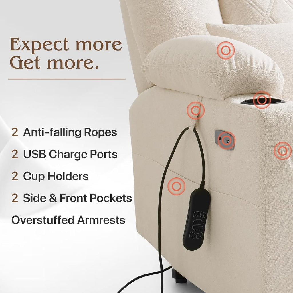 Power Lift Recliner Chair for Elderly with Extended Footrest, Infinite Position Lay Flat Recliner Chair for Adult W/Massage & Heating, Adjustable Headrest, 3-Motor Zero Gravity,Cup Holder, Fabric