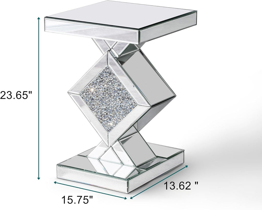 SHYFOY Glass End Tables Living Room, Glam Square Mirrored Side Table with Crushed Fax Diamond Inlay, HD Mirror Pedestal Stand, 24in Height Silver Small Accent Table for Living Room, Fully Assembled