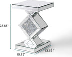SHYFOY Glass End Tables Living Room, Glam Square Mirrored Side Table with Crushed Fax Diamond Inlay, HD Mirror Pedestal Stand, 24in Height Silver Small Accent Table for Living Room, Fully Assembled