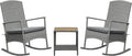 Outsunny 3 Piece Patio Rocking Chair Set, 2 PE Wicker Rocking Chairs, Cushioned, 1 Two-Tier Wood Slat Coffee Table, Rattan Front Porch Furniture, Gray