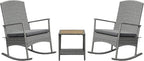 Outsunny 3 Piece Patio Rocking Chair Set, 2 PE Wicker Rocking Chairs, Cushioned, 1 Two-Tier Wood Slat Coffee Table, Rattan Front Porch Furniture, Gray