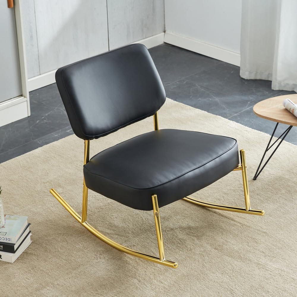 Modern Rocking Chair with PU Cushioned Seat, Black Backrest, Gold Metal Legs for Living Room, Bedroom, Office (Black + PU)