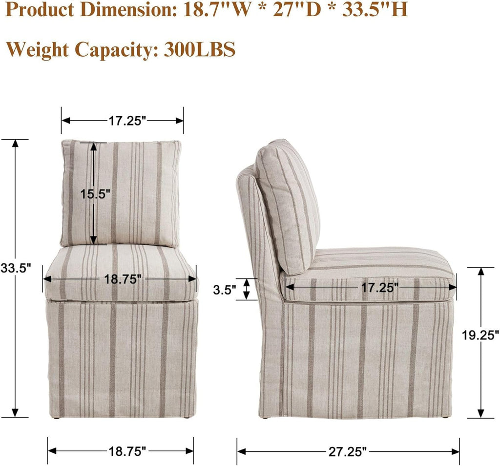 Upholstered Dining Chairs Set of 6 Slipcovered Armless Dining Chair with Solid Wood Legs, Soft Padded Upholstered Side Chair for Dining/Living/Readin Room, Banquet, Khaki Stripe